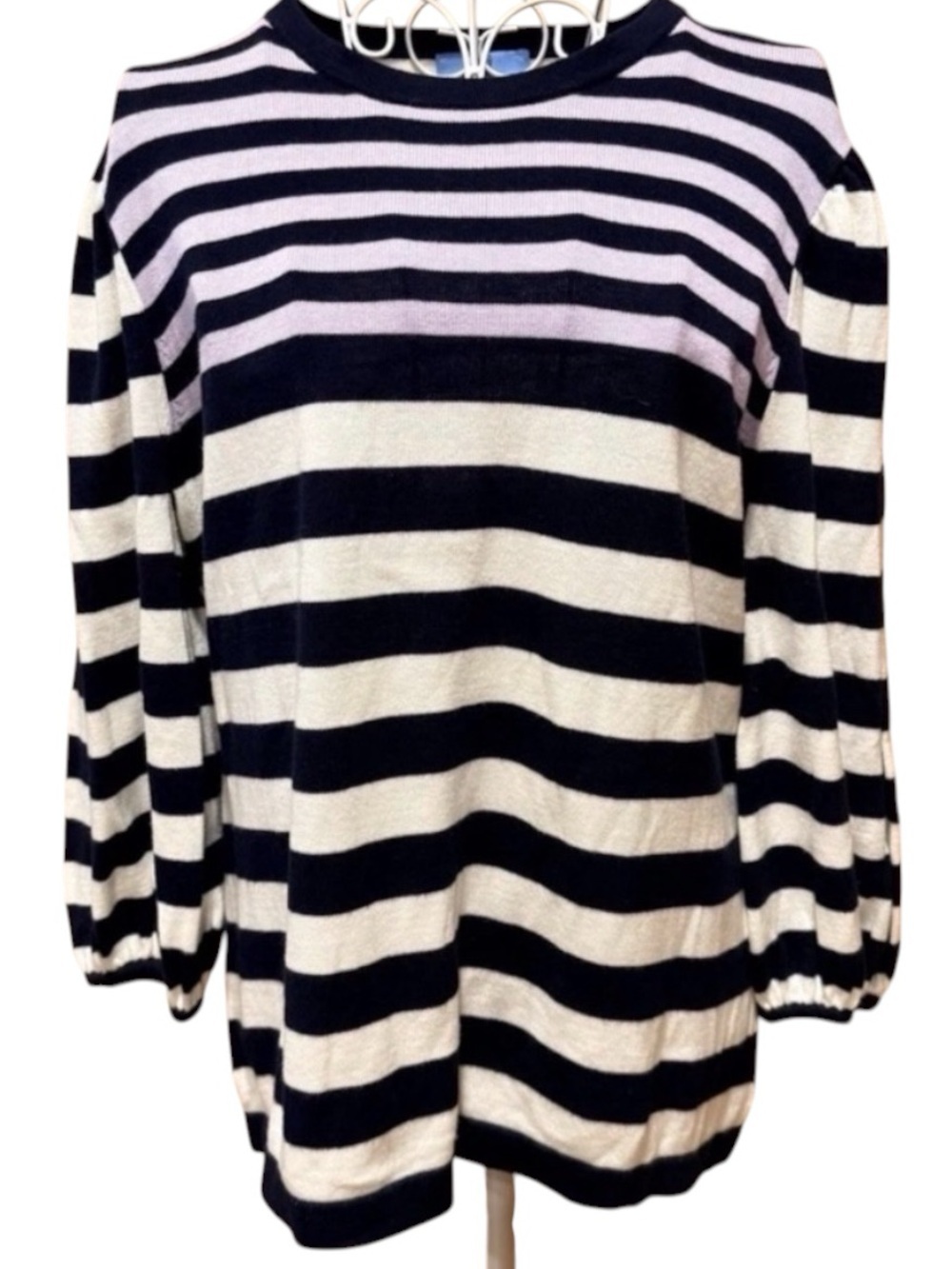CeCe Navy Stripe Crewneck Sweater 3/4 Gathered Cuff Cotton Pullover L
